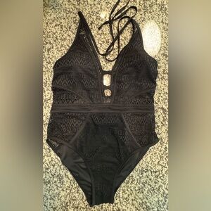 Black Crochet Halter One-Piece Swimsuit